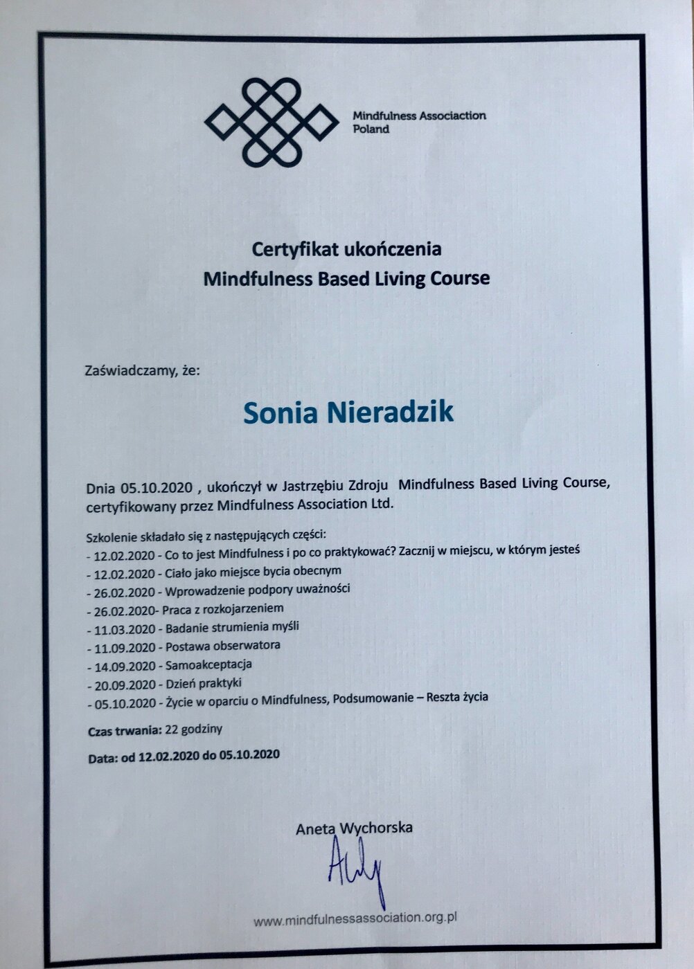 Certyfikat: Mindfulness Based Living Course